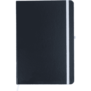A dark navy notebook with a white elastic band closure and a ribbon marker. It features a logo on the cover.