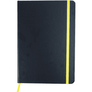 A navy notebook with a yellow elastic band and a matching ribbon marker. It has a sleek, minimalist design.