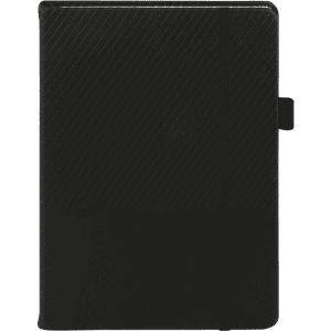 A black notebook with a textured design on the cover and an elastic band closure. Features a logo on the front.