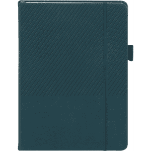 A dark teal notebook with a textured cover and a secure closure band. It features a logo on the front.