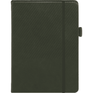 A dark green notebook with a lined design on the front cover and an elastic band closure.