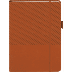 A notebook in a rich brown colour with diagonal line patterns on the cover and an elastic closure. It features a logo.