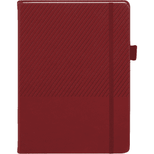 A red notebook with a textured diagonal pattern and an elastic band closure. It features a logo on the front cover.