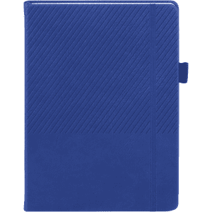 A blue notebook with a textured cover and diagonal lines, featuring an elastic band closure and a side flap.