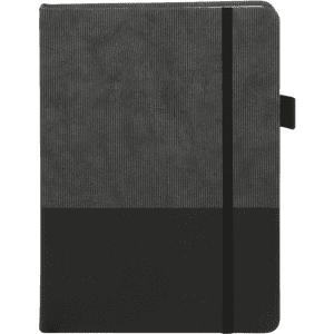 A black and grey notebook with a textured cover and a vertical elastic band closure, featuring a logo.