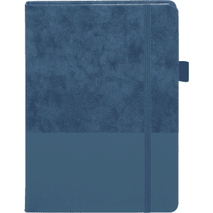 A navy blue notebook with a textured cover and an elastic band closure, featuring a branding logo.