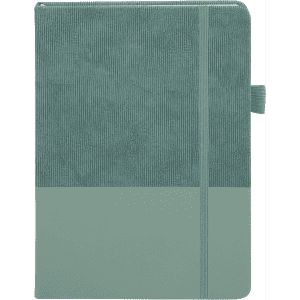 A green notebook with a textured cover and a smooth bottom section. It features a closure and a branded logo.