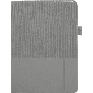 A grey notebook with a textured cover and a smooth lower section, featuring an elastic band closure.