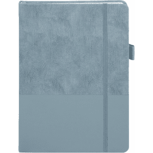 A blue notebook with a textured cover and a smooth bottom section, featuring an elastic closure and a logo.