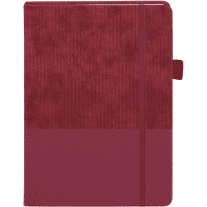 A maroon notebook with a textured cover and a solid-colour lower half, featuring an elastic closure and branding.