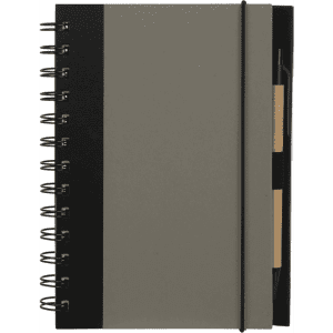 A grey and black spiral notebook featuring a pen holder and a branded logo.