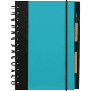 A spiral notebook with a turquoise cover, black spine, attached pen, and an elastic band closure.