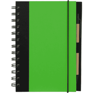 A green notebook with a black spine and elastic closure, featuring a pen holder and several pens.