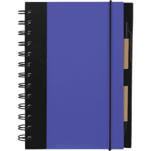 A purple spiral notebook with a black cover and an elastic band, featuring a pen stored in the side.
