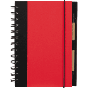 A red and black spiral-bound notebook with an elastic band and a pocket for storing cards or notes.