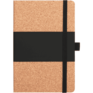 A cork notebook with a black elastic band and a black section across the middle. The design is simple and modern.