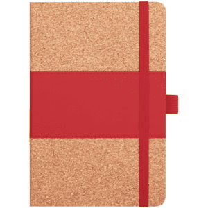 A notebook with a cork cover and a vibrant red elastic band, featuring a small red strap closure.
