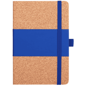 A cork notebook with a blue elastic band and a blue strap, featuring a smooth texture and rounded corners.