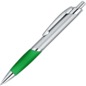 A plastic pen with a chrome finish and a green grip section, featuring a clip and push mechanism.