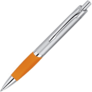 An orange plastic pen with a chrome barrel and clip, featuring a sleek design.