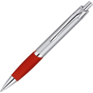 A red and chrome plastic pen, featuring a smooth finish and a logo on the barrel.