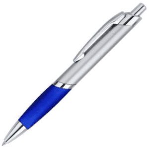 A silver and blue plastic pen with a shiny finish and a sleek design, featuring a branding logo.