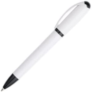 A plastic pen in white with black accents and a clip, featuring a logo on the body.