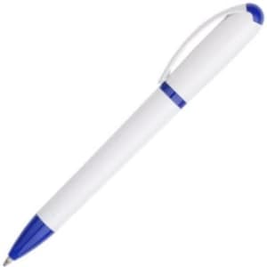 A plastic pen in white with blue accents, featuring a clip and a logo.