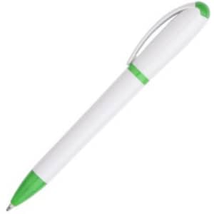 A plastic pen in white and green with a clip and a ballpoint tip. It features a logo on the body.