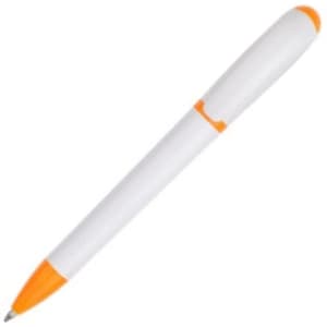 A plastic pen featuring a white body with orange accents and a clip at the top. It has a simple design.