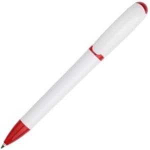 A plastic pen with a white body and red accents, featuring a logo on the side.