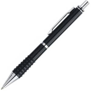 A black plastic pen with chrome accents and a textured grip, featuring a logo.