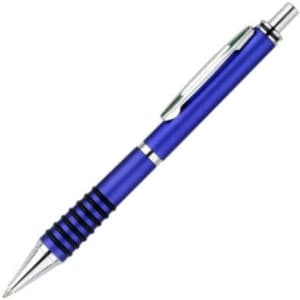 A blue plastic pen with a silver clip and grip features, designed for writing.