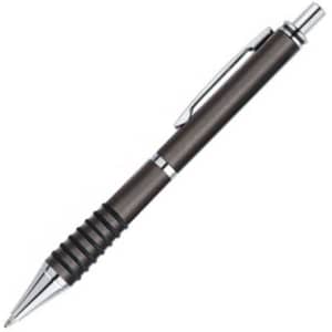 A plastic pen in dark grey with a chrome clip and a ribbed grip. It features a logo on the barrel.