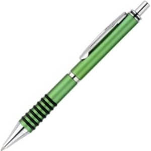 A green plastic pen with a sleek design and silver accents, featuring a clip and ribbed grip.