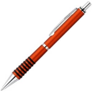 An orange plastic pen with silver accents and a textured grip, featuring a clip and a logo.