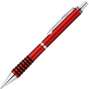 A red plastic pen with silver accents and a textured grip, featuring a clip and a branding logo.