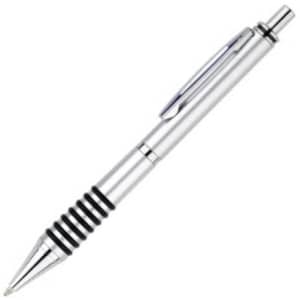 A silver plastic pen with a sleek design and black rubber grips, featuring a logo on its side.