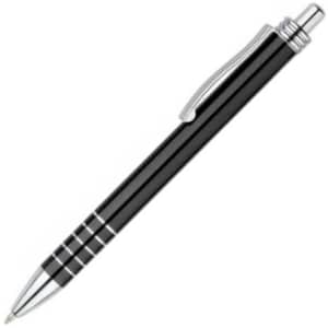 A black metal pen with silver accents and a clip, featuring a sleek design and a branding logo.