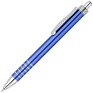 A metal pen in a vibrant blue colour with silver accents and a clip. It features a logo.