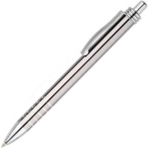 A sleek silver metal pen with a clip and a smooth finish, featuring a branding logo.