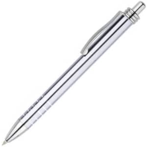 A metal pen with a shiny silver barrel and chrome accents, featuring a clip and a smooth writing tip.