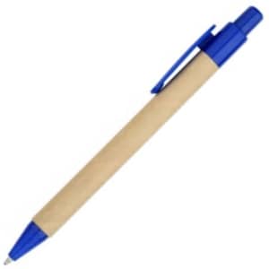 Aquila pen with a brown barrel and blue accents, featuring a clip and a logo.