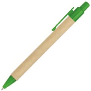 A pen with a natural kraft barrel and a green plastic tip and clip, featuring a logo.