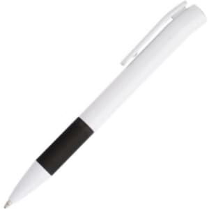 A plastic pen featuring a white body and a black grip. The pen includes a clip and has a branding logo.