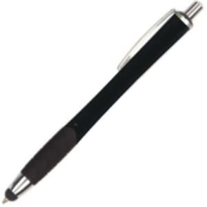 A stylus pen in black with a silver clip and a rubber grip for comfort. Features a branding logo.