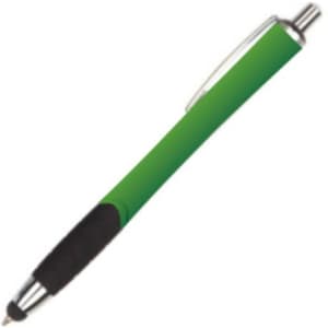 A stylus pen in vibrant green with a black grip and silver accents, featuring a branding logo.