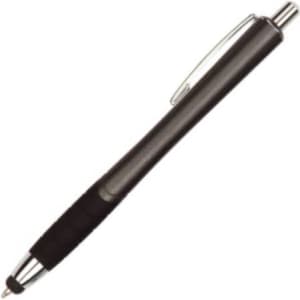 A stylus pen with a sleek black body, silver accents, and a textured grip for comfort. It features a logo.