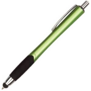 A green stylus pen with a black grip and silver accents, featuring a logo on the side.