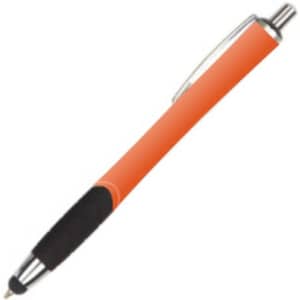An orange stylus pen with a black grip and a metallic clip. It features a branding logo.